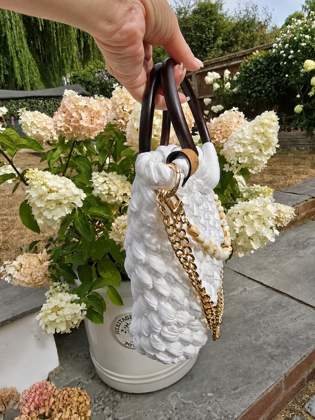 Ivory Handmade T-Shirt Yarn Handbag with Wooden Handles