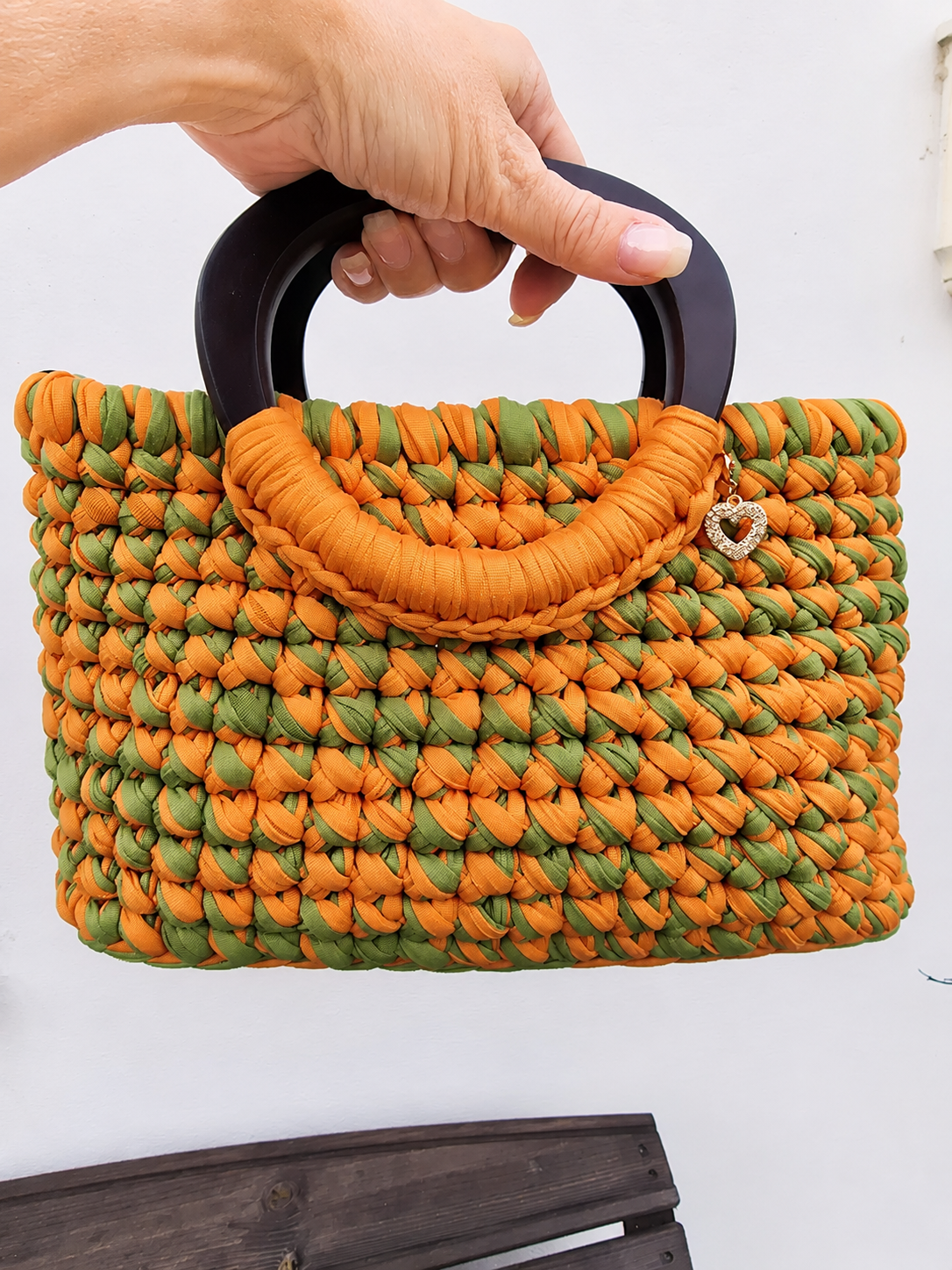 Orange & Olive Handmade T-Shirt Yarn Handbag