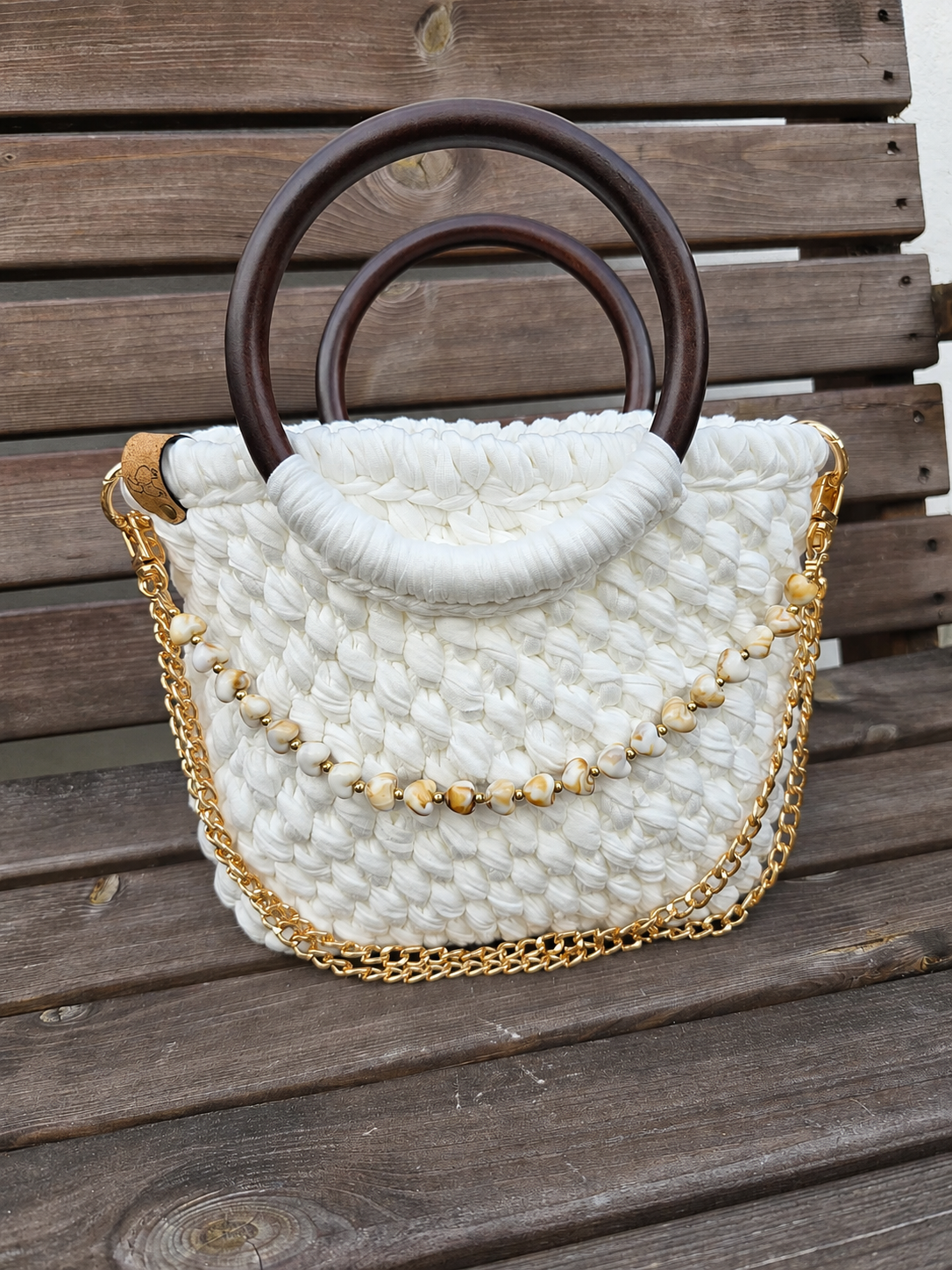 Ivory Handmade T-Shirt Yarn Handbag with Wooden Handles