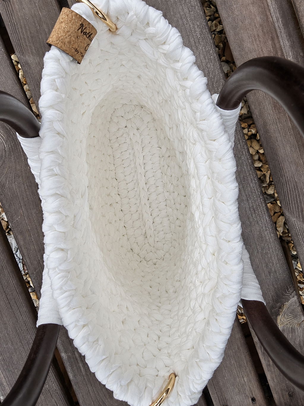 Ivory Handmade T-Shirt Yarn Handbag with Wooden Handles