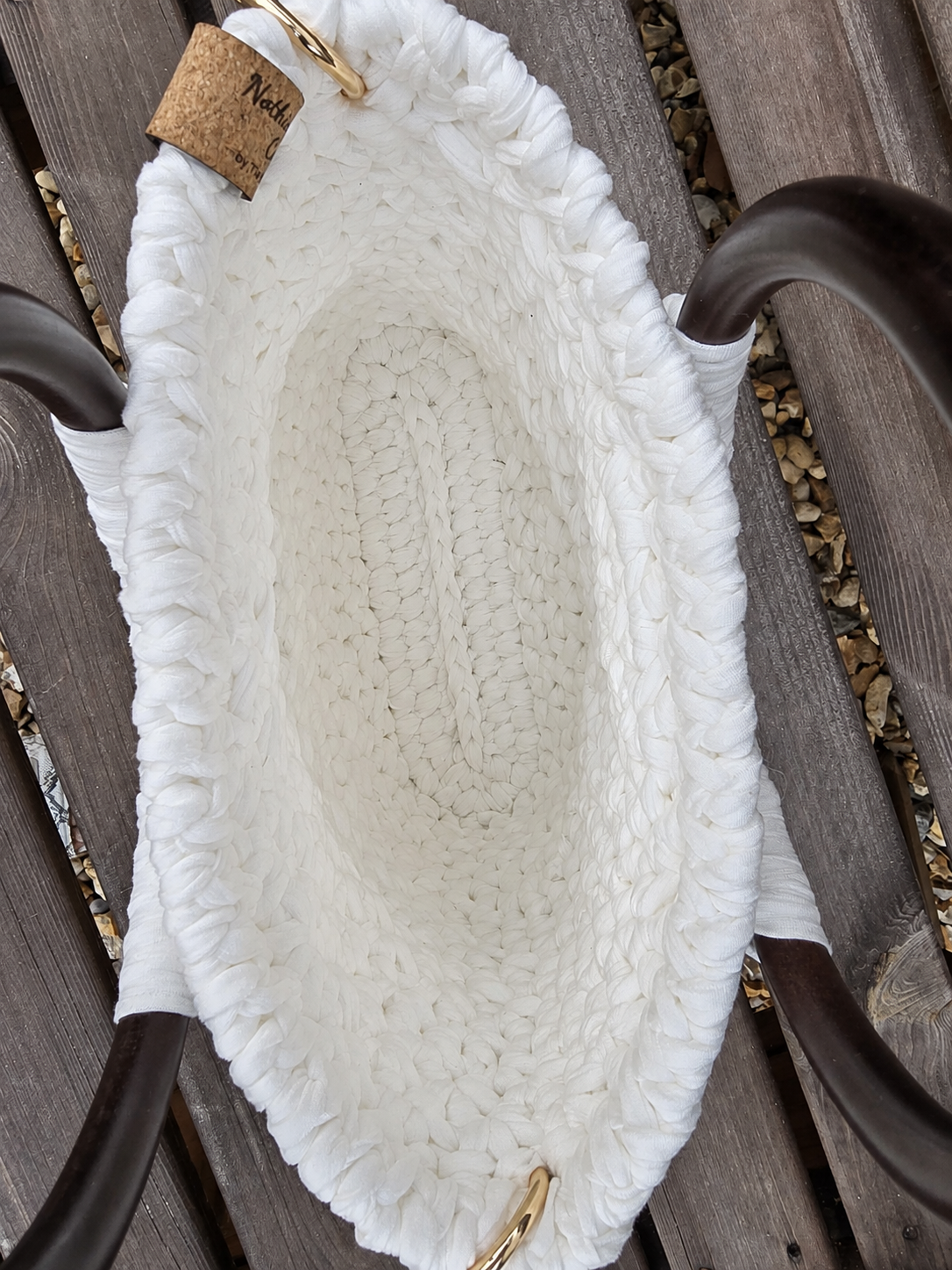 Ivory Handmade T-Shirt Yarn Handbag with Wooden Handles