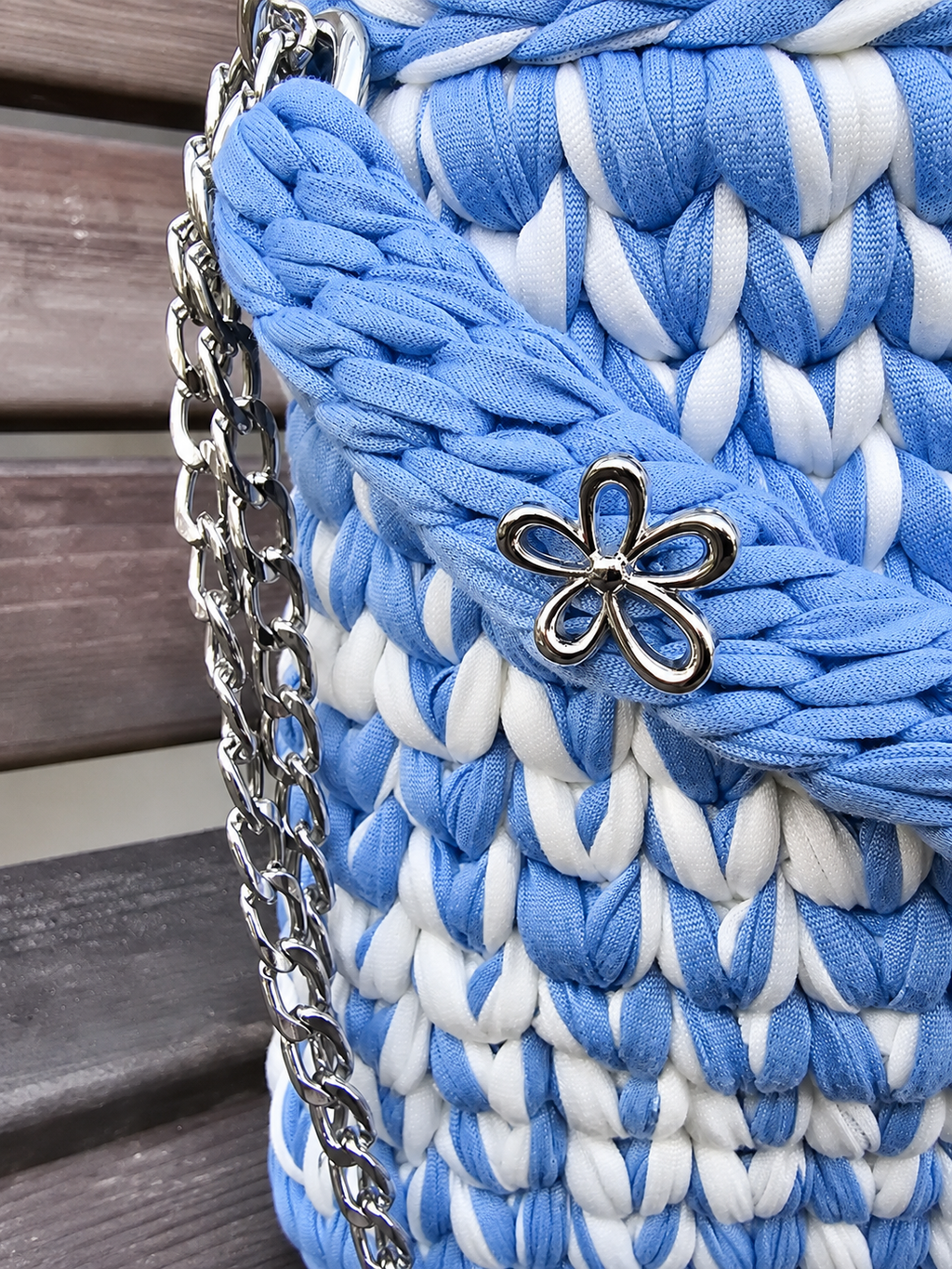Sky Blue & White Handmade T-Shirt Yarn Shoulder Bag