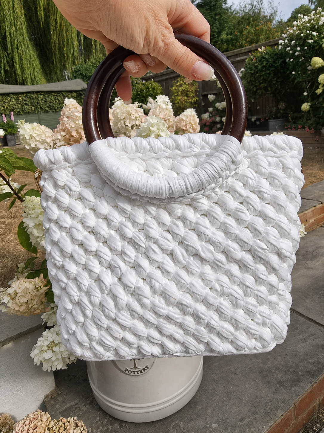Ivory Handmade T-Shirt Yarn Handbag with Wooden Handles