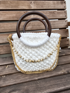 Ivory Handmade T-Shirt Yarn Handbag with Wooden Handles