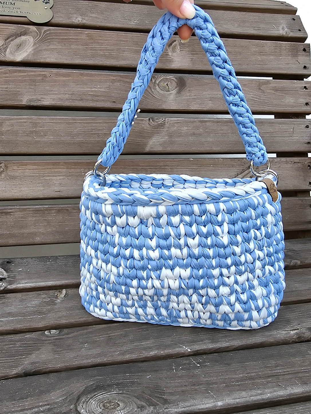 Sky Blue & White Handmade T-Shirt Yarn Shoulder Bag