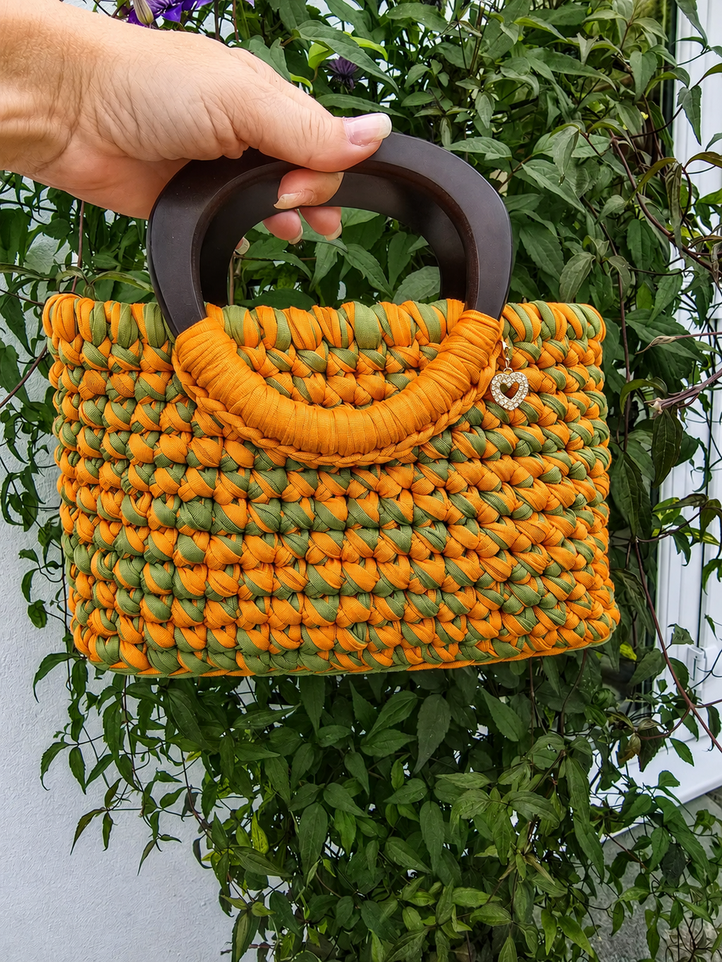 Orange & Olive Handmade T-Shirt Yarn Handbag