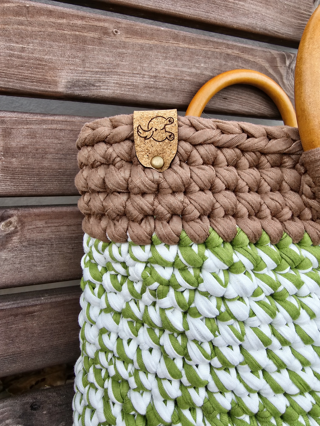 Olive, Ivory & Mocha Handmade T-Shirt Yarn Tote Bag