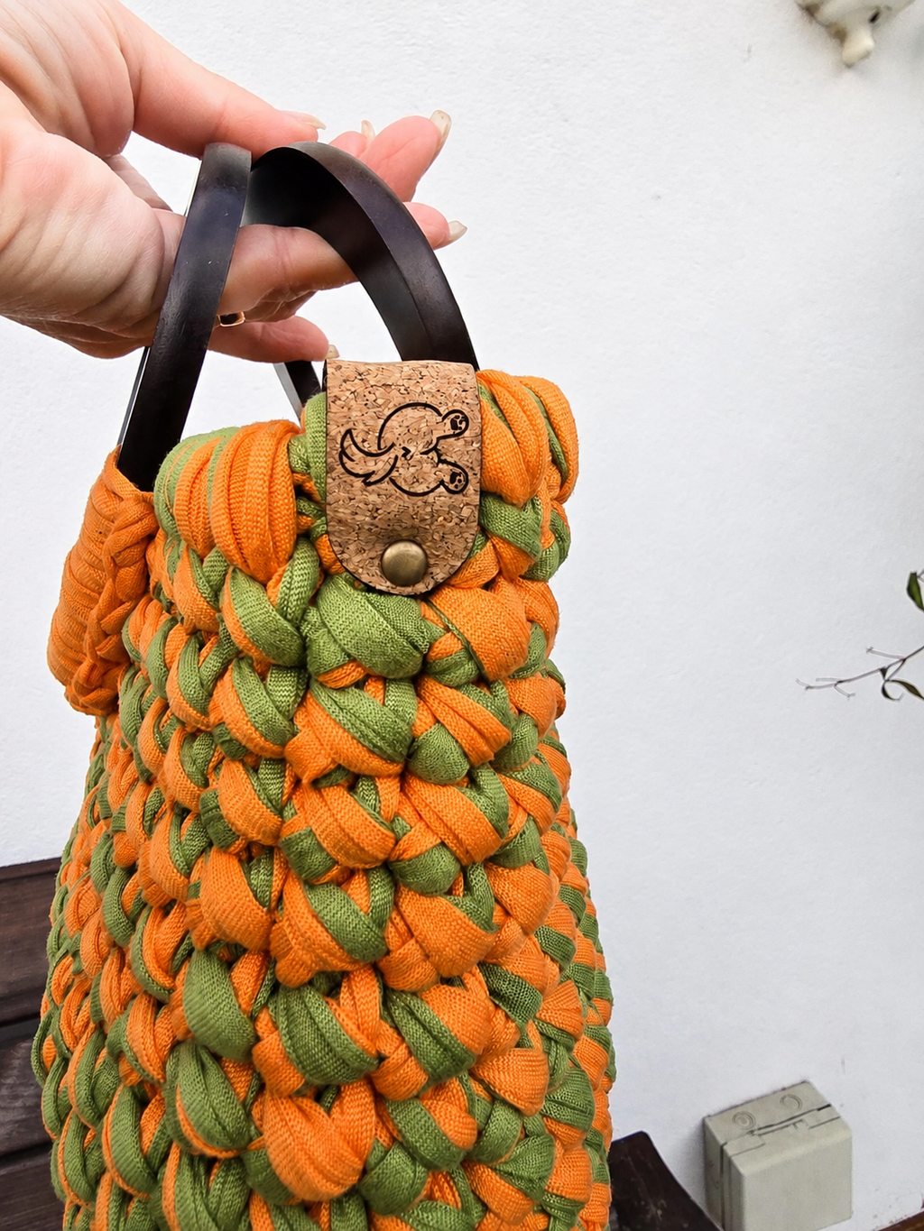 Orange & Olive Handmade T-Shirt Yarn Handbag