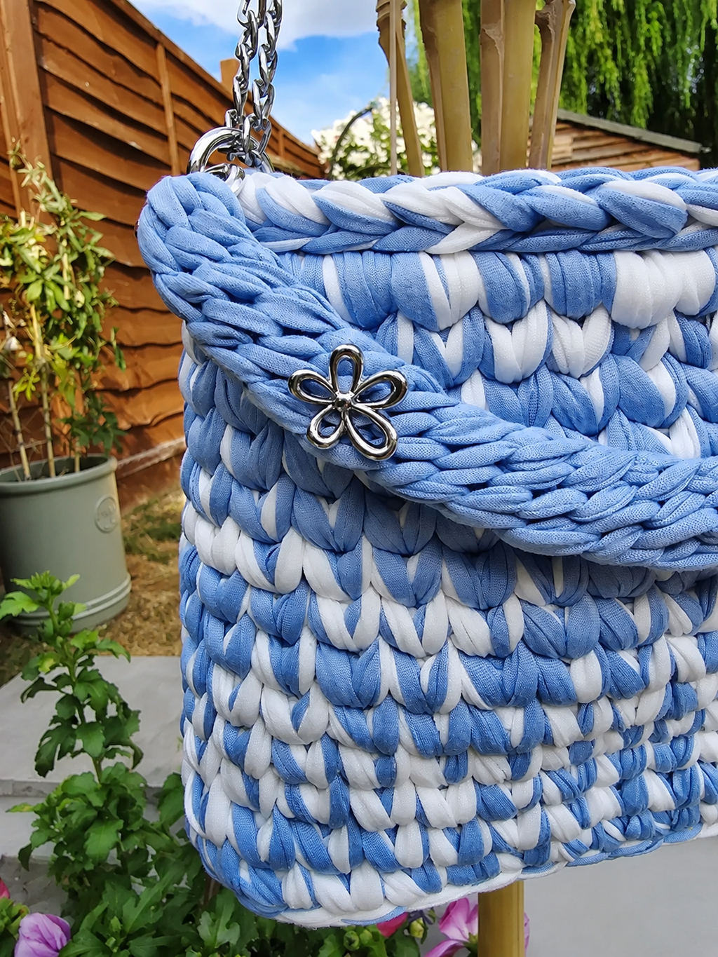 Sky Blue & White Handmade T-Shirt Yarn Shoulder Bag
