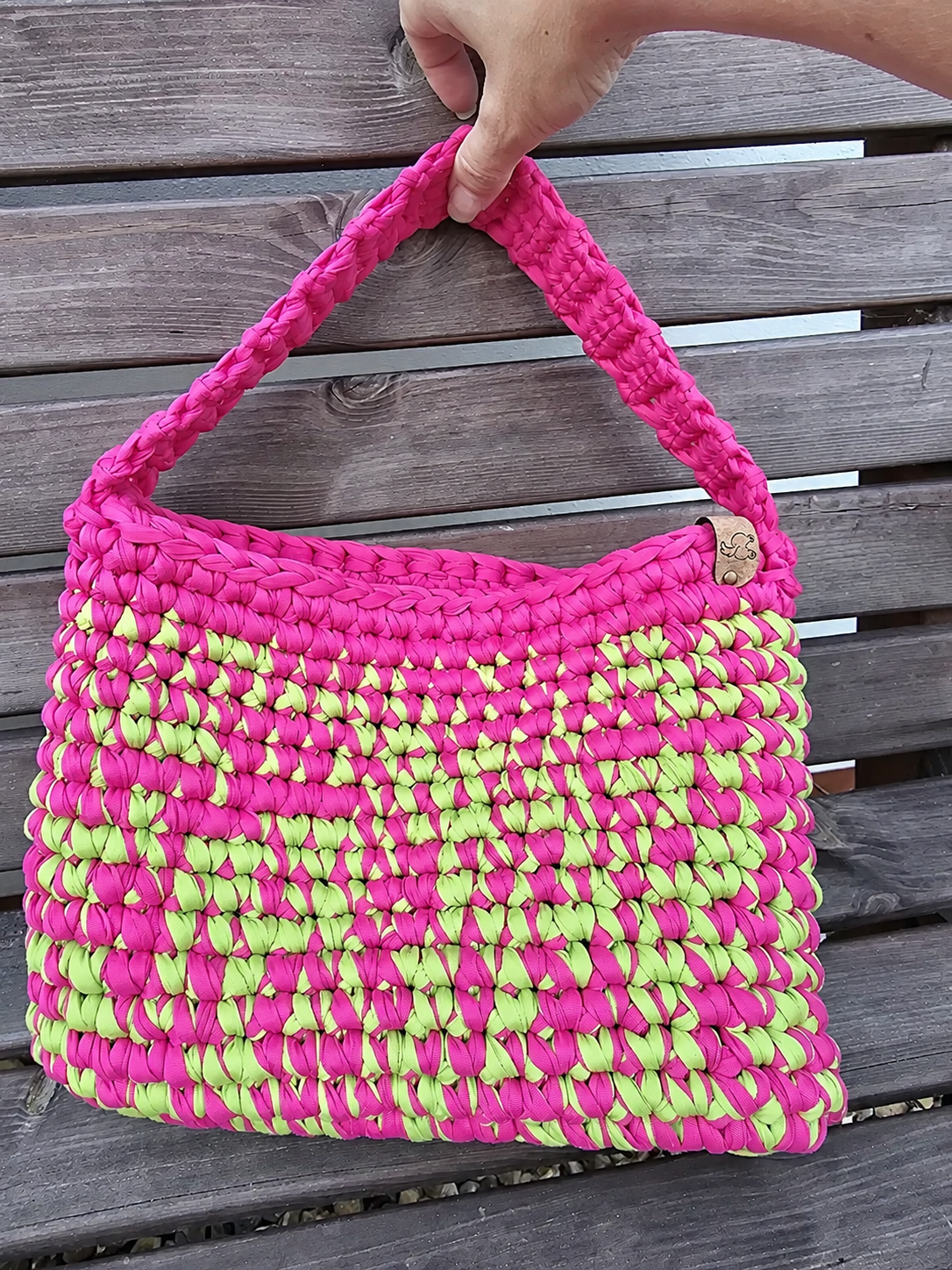 Hot Pink & Lime Handmade T-Shirt Yarn Shoulder Bag