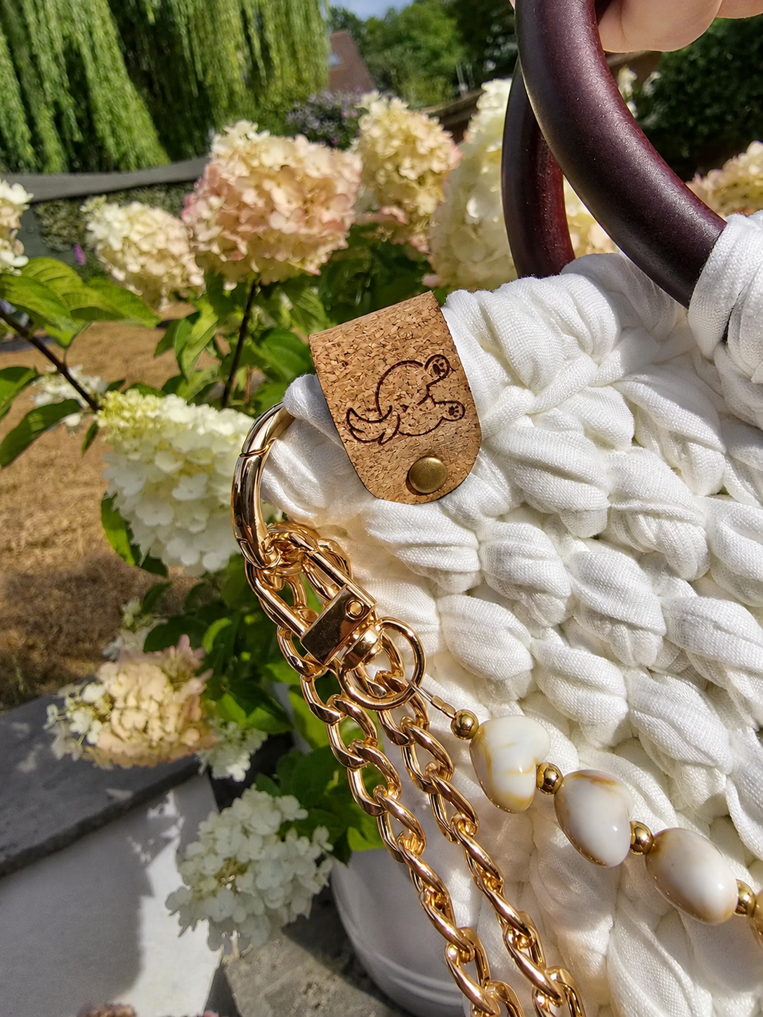 Ivory Handmade T-Shirt Yarn Handbag with Wooden Handles