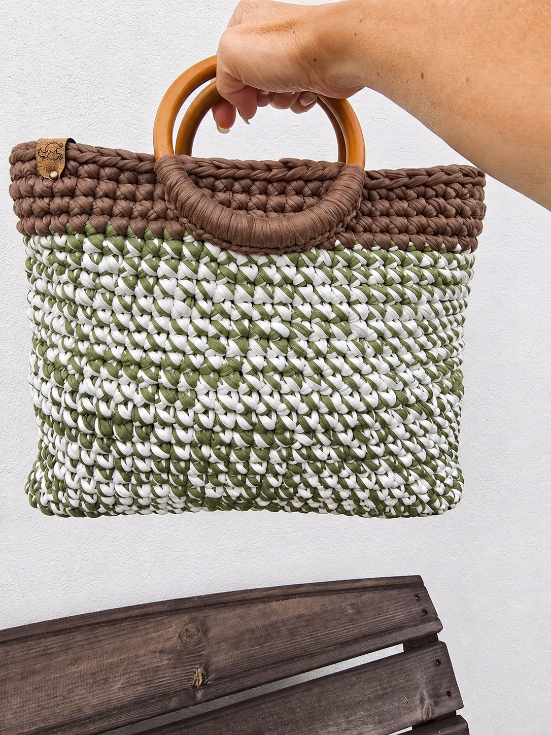 Olive, Ivory & Mocha Handmade T-Shirt Yarn Tote Bag