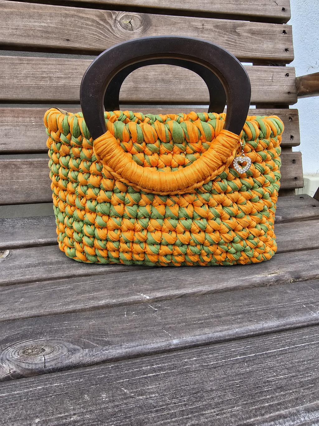 Orange & Olive Handmade T-Shirt Yarn Handbag