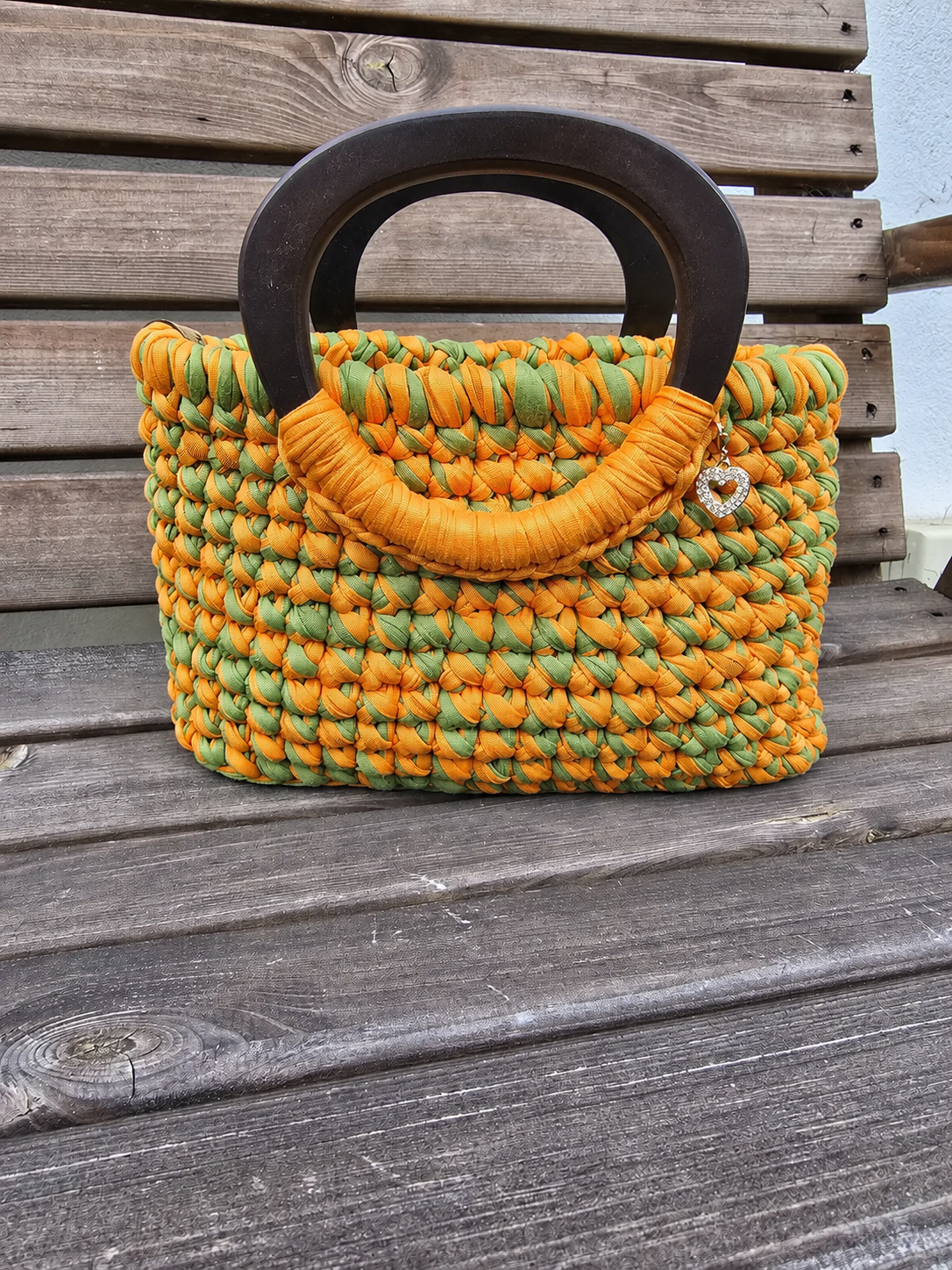 Orange & Olive Handmade T-Shirt Yarn Handbag