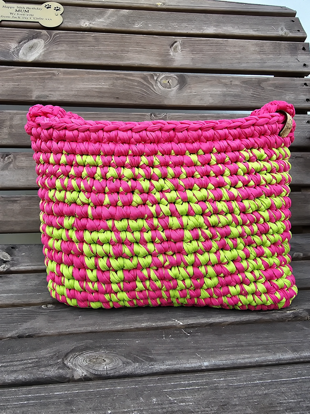 Hot Pink & Lime Handmade T-Shirt Yarn Shoulder Bag