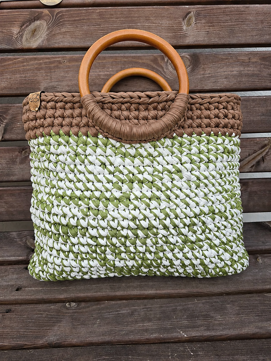 Olive, Ivory & Mocha Handmade T-Shirt Yarn Tote Bag