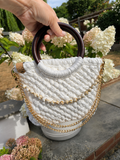 Ivory Handmade T-Shirt Yarn Handbag with Wooden Handles